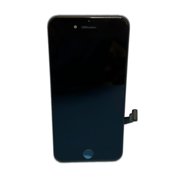 Framsida av en svart iPhone 8-skärm med vit bakgrund, visar hela displayen för skärmbyte.